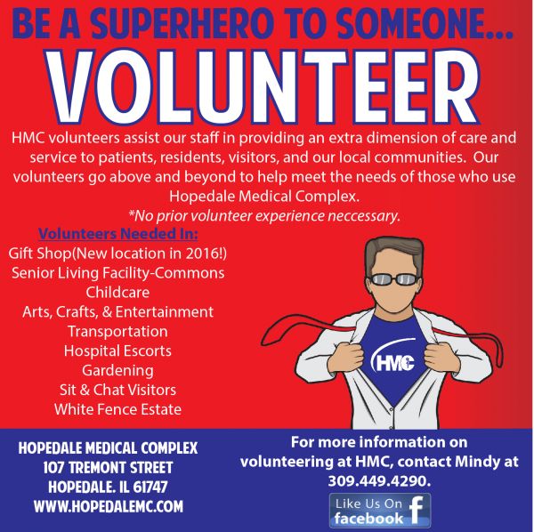 Sign up to be a Volunteer at Hopedale Medical – you could be a superhero for someone.
